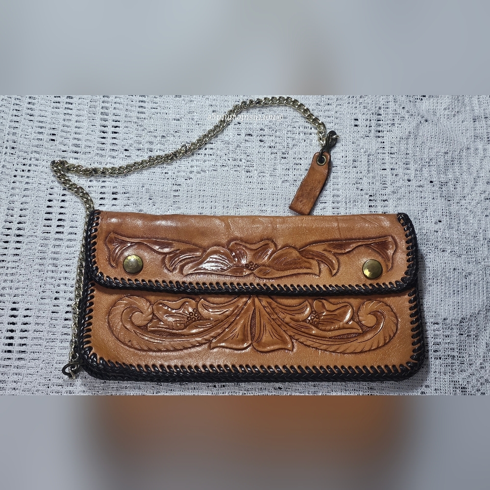 Vintage Brown Tooled Leather Clutch with Chain